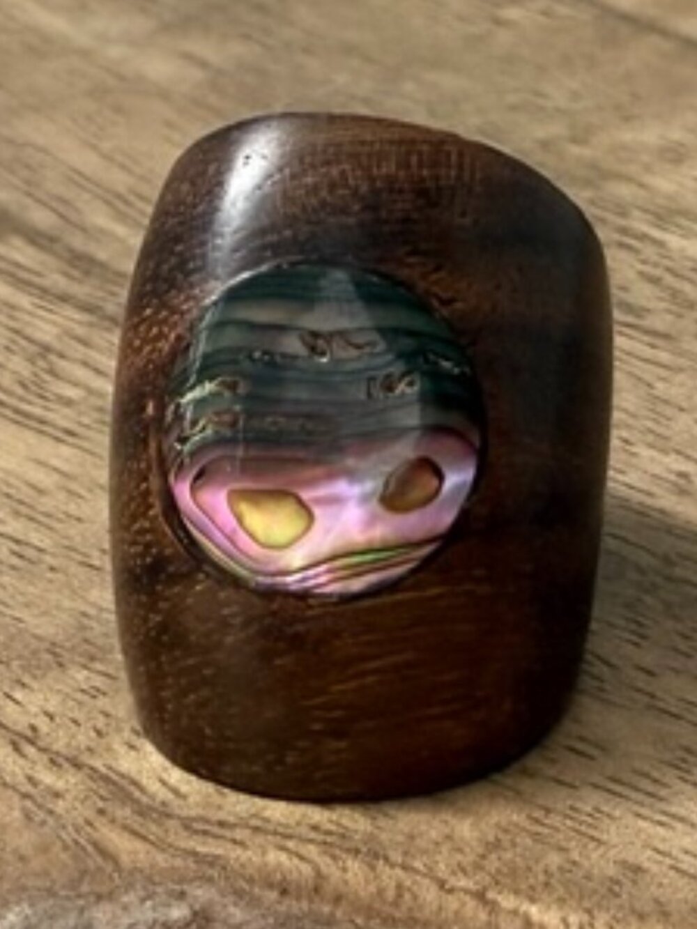 HANDCRAFTED Brown Wood Wide Band Ring Iridescent Abalone Shell Inset